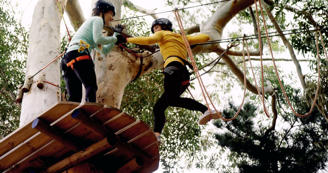 Women Navigating High Ropes Course in Tree Adventure