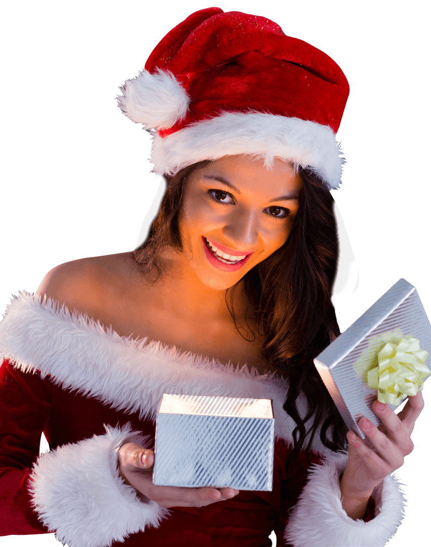 Smiling Female in Santa Hat with Gift Box on Transparent Background