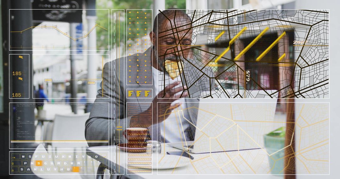 Businessman Eating Sandwich at Open Air Cafe with Data Overlay