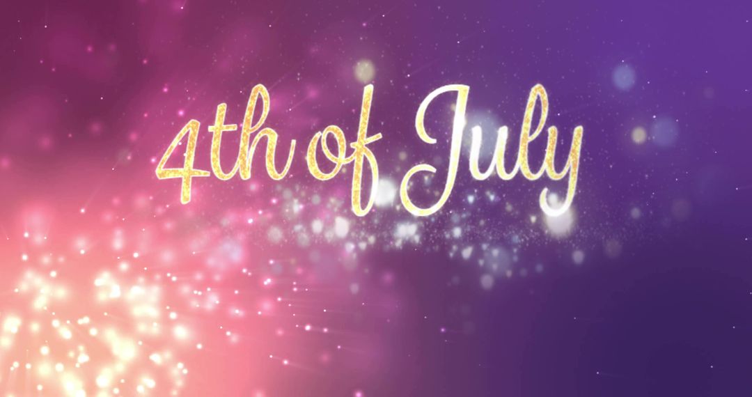 4th of July gold glitter script on pink purple gradient with bokeh glow