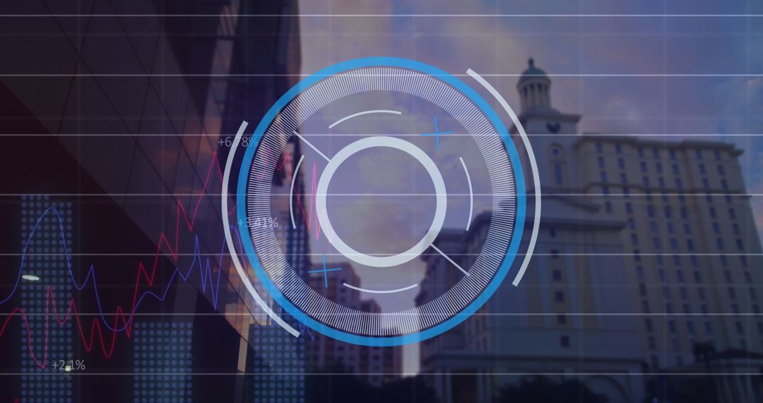 Digital Scope Analyzing Financial Data Over Urban Skyline