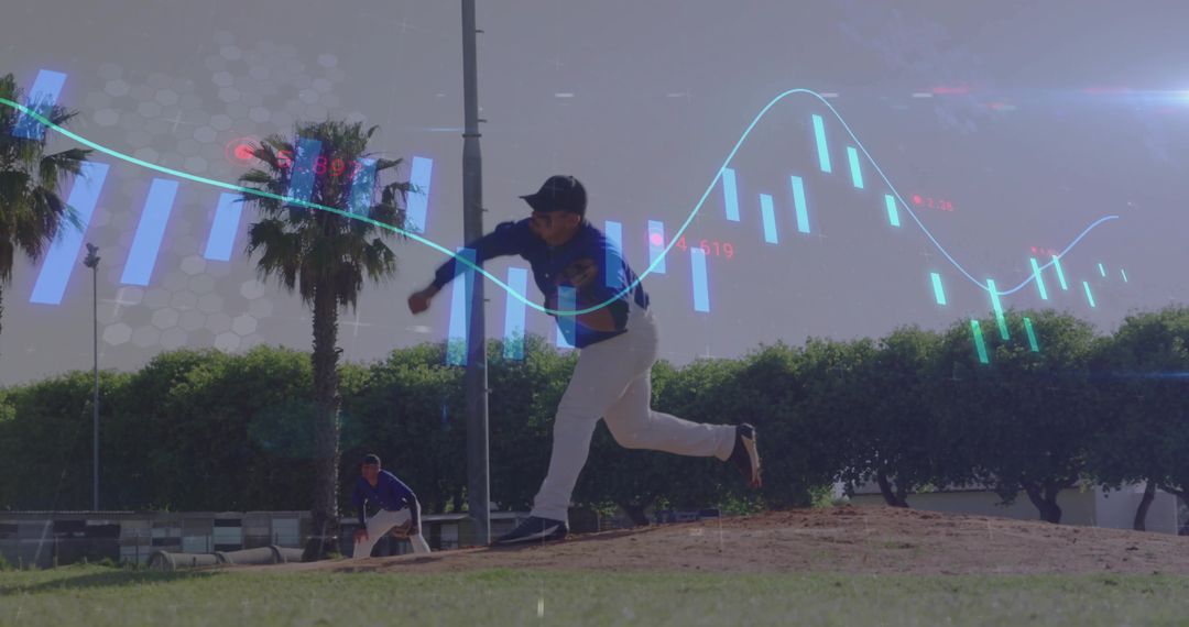 Baseball Pitcher in Action with Financial Market Overlay