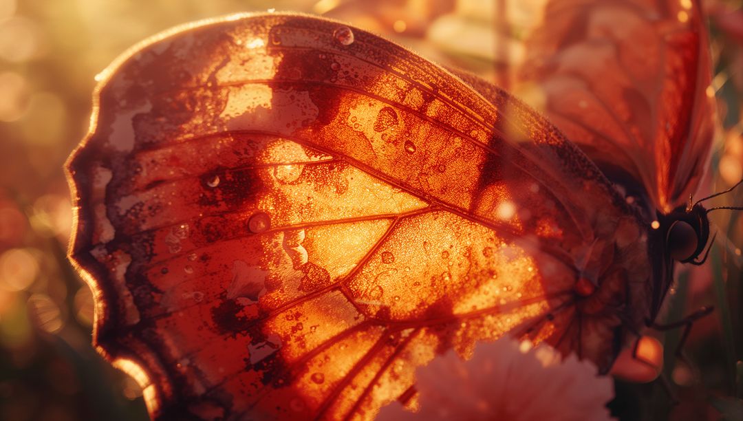 Close-Up of Dewy Orange Butterfly Wing in Garden