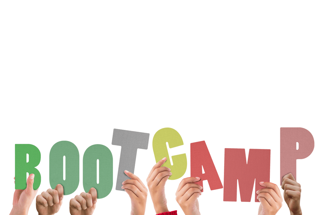 Diverse Hands Holding Bootcamp Letters on Transparent Background