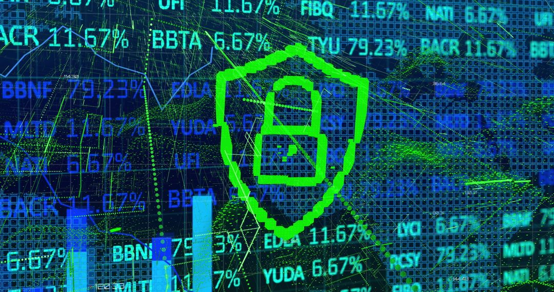 Cybersecurity Symbol on Global Stock Market Data Visualization