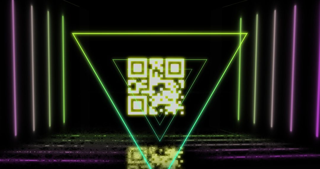 Futuristic Neon QR Code with Triangles on Black Background