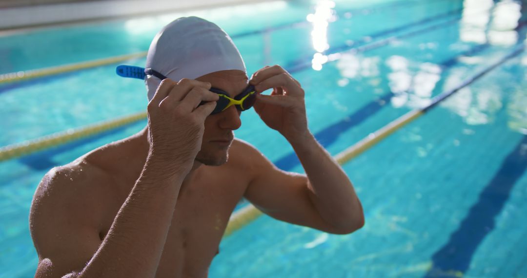 Male Swimmer Adjusting Goggles in Indoor Pool - Free Images, Stock Photos and Pictures on Pikwizard.com