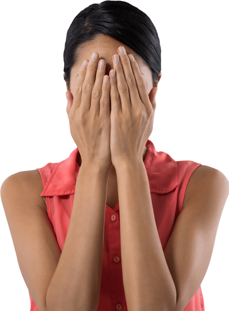 Transparent Woman Covering Eyes with Hands in Surprise