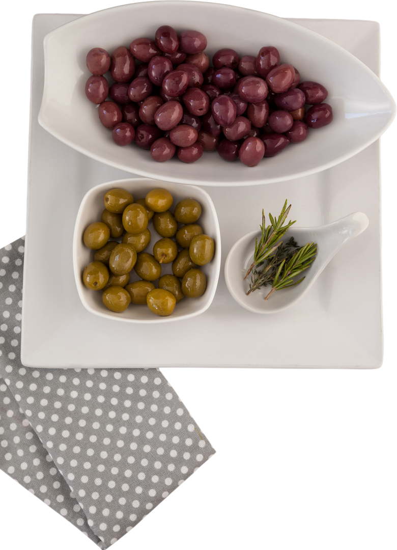 Various Fresh Olives on White Ceramic Tray with Polka Dot Napkin on Transparent Background - Download Free Stock Images Pikwizard.com