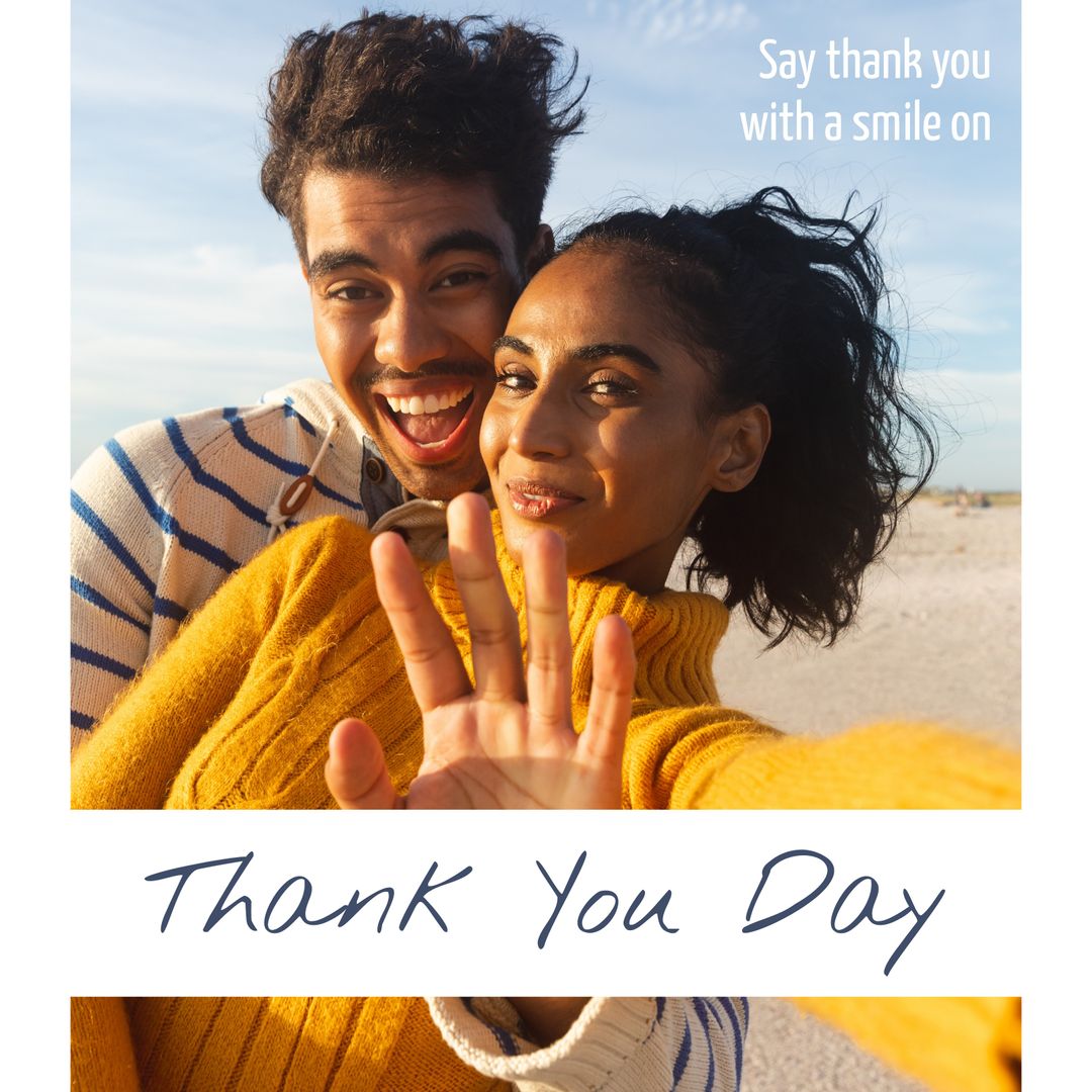 Joyful Couple Celebrating Thank You Day at Beach