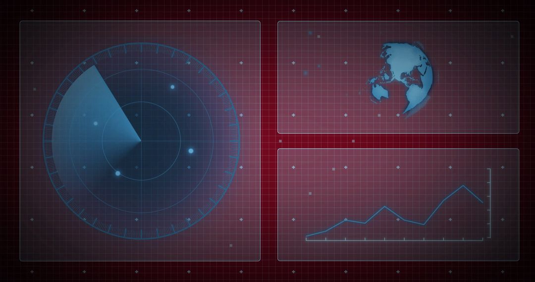 Digital Interface with Radar and World Map on Red Background