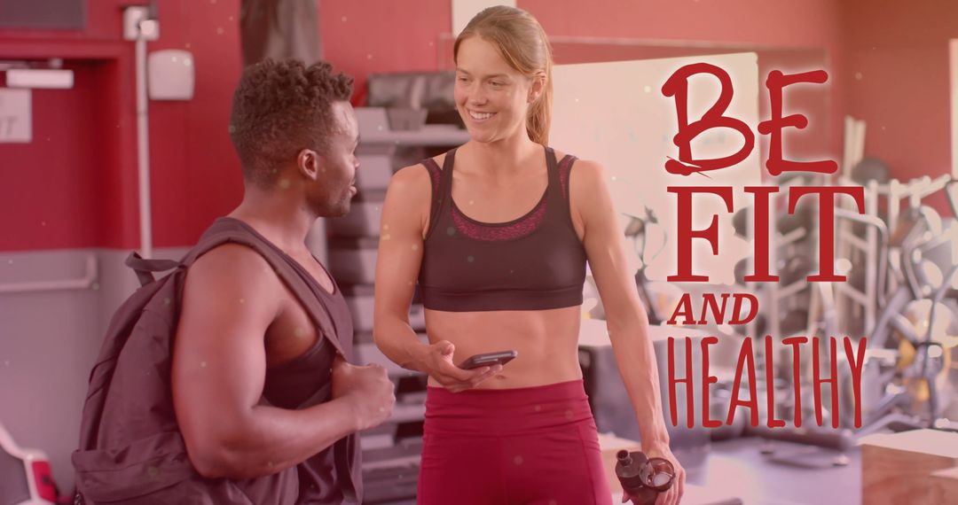 Diverse People Exercising in Gym with Fitness Motivation Text