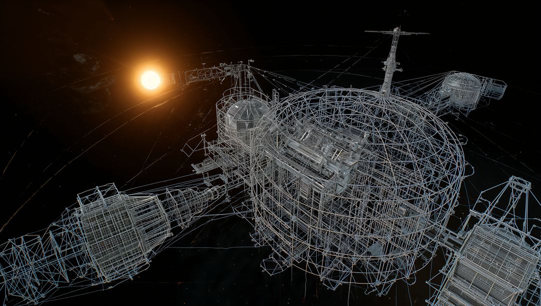 Futuristic Wireframe Space Station Rotating in Deep Space with Central Hub Modules