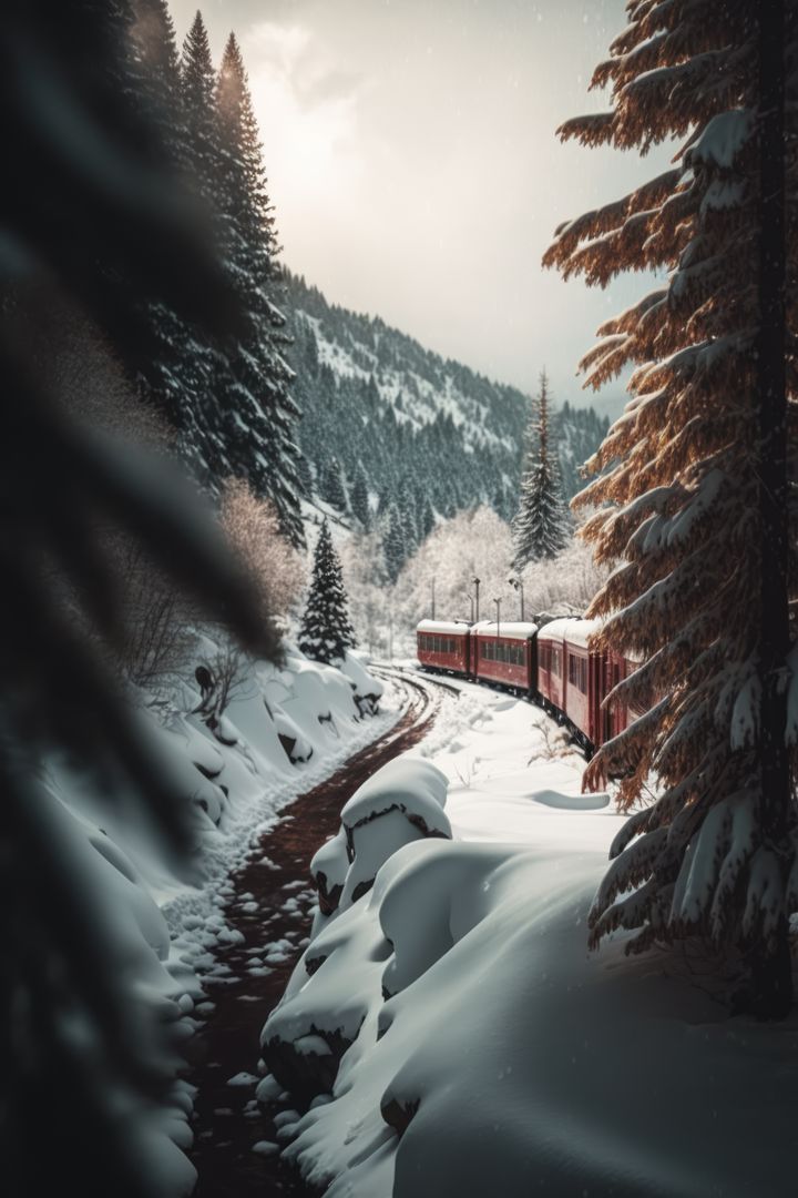 Scenic winter landscape with train in mountains, created using generative ai technology - Free Images, Stock Photos and Pictures on Pikwizard.com