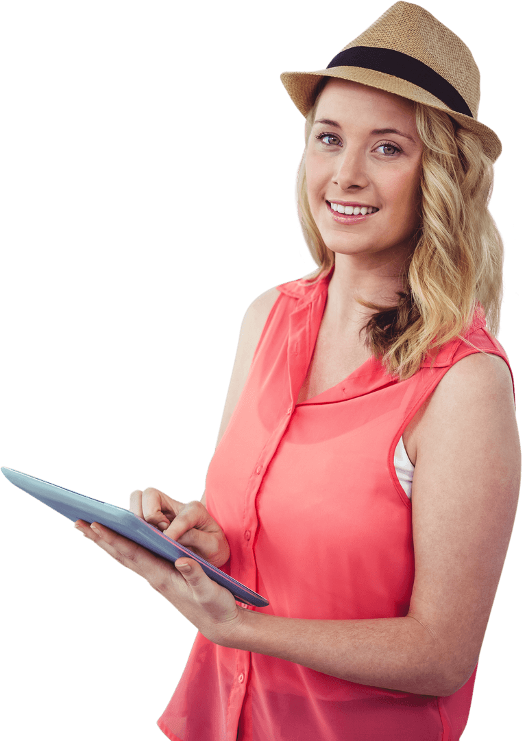Caucasian Woman Using Tablet on Transparent Background for Lifestyle Concept