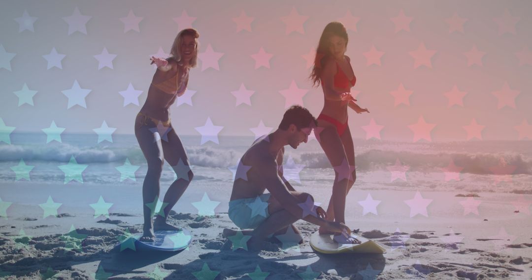 Friends Learning to Surf on Patriotic Beach setting