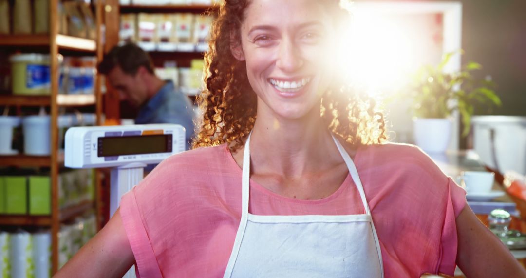 Smiling Female Shop Owner Standing with Arms on Hips in Grocery Store - Free Images, Stock Photos and Pictures on Pikwizard.com