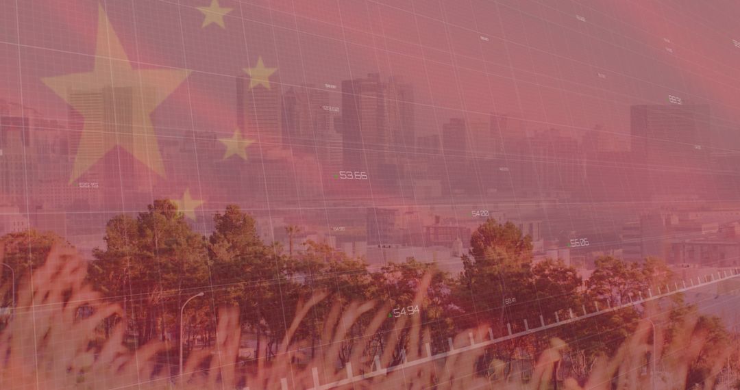 Chinese Flag Overlay with Cityscape and Financial Data