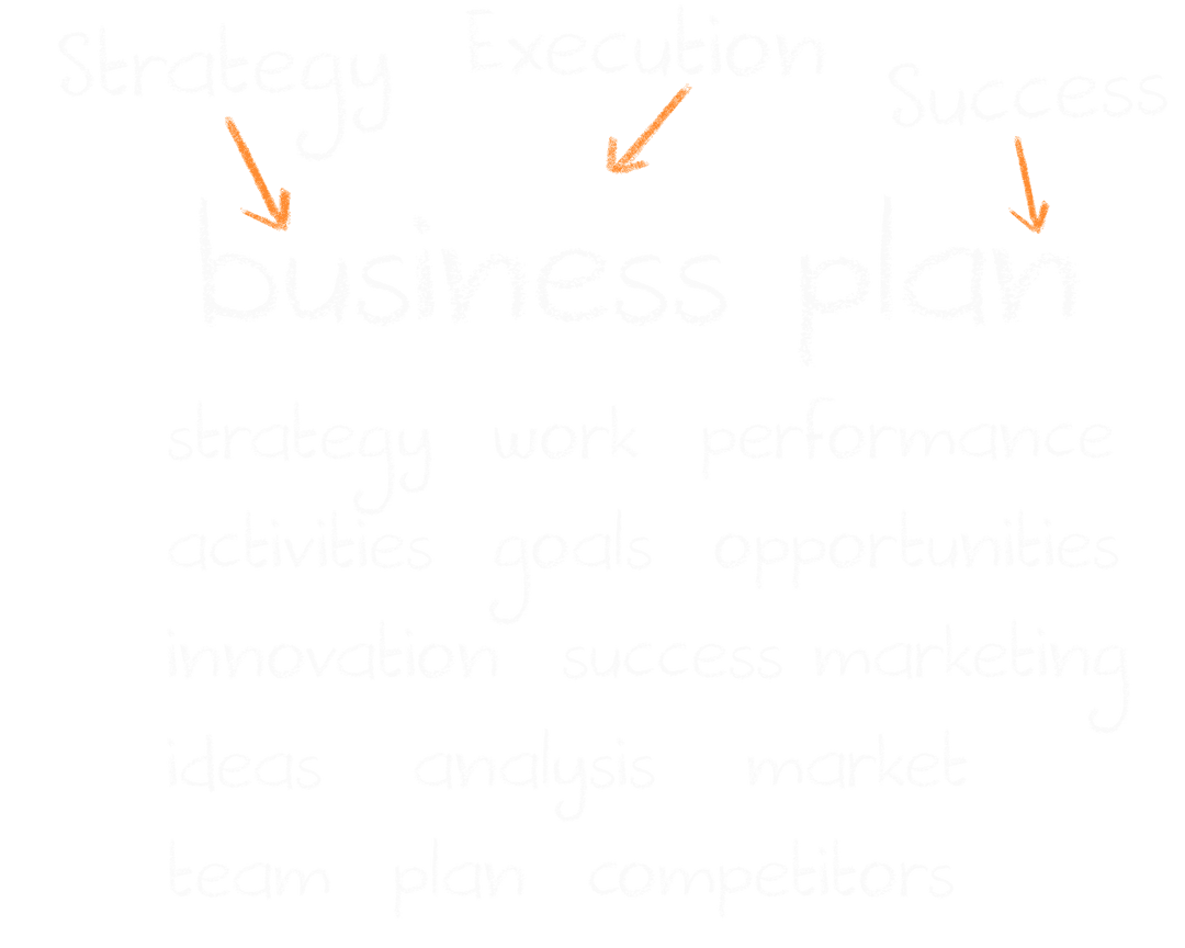 Transparent Digital Illustration with Business Plan Keywords and Arrows