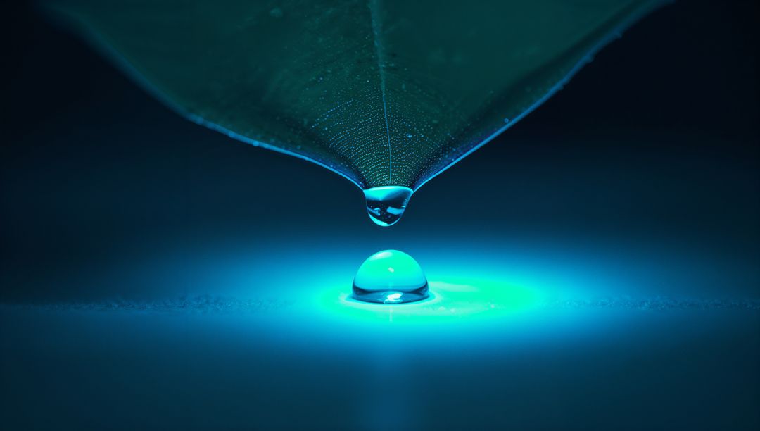 Water Droplet Suspended from Leaf Creates Mesmerizing Sapphire Glow