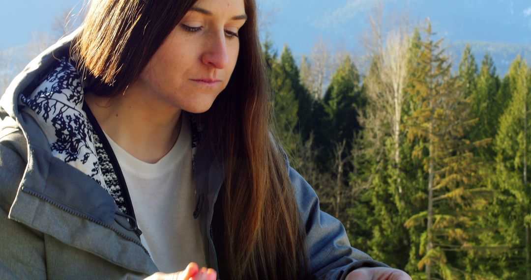 Young Woman Enjoying Outdoor Meal in Forest - Free Images, Stock Photos and Pictures on Pikwizard.com