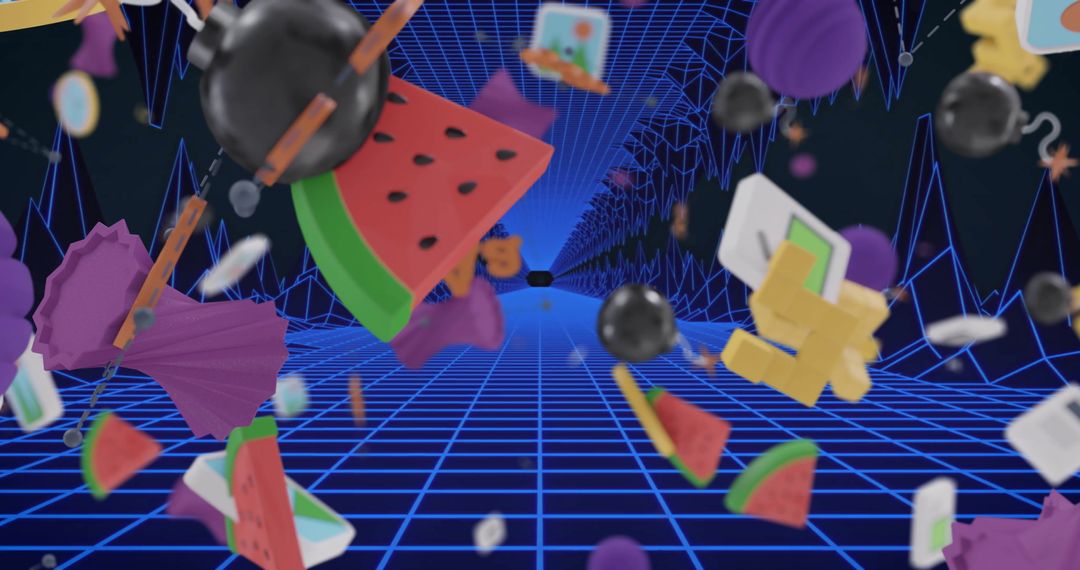 3D Media Icons Tumbling Over Blue Digital Grid