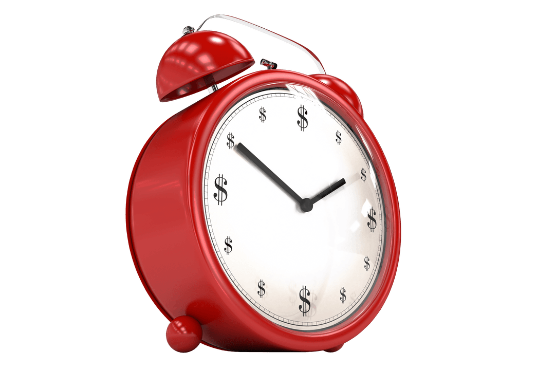 Time is Money Concept with Red Alarm Clock Transparent Background