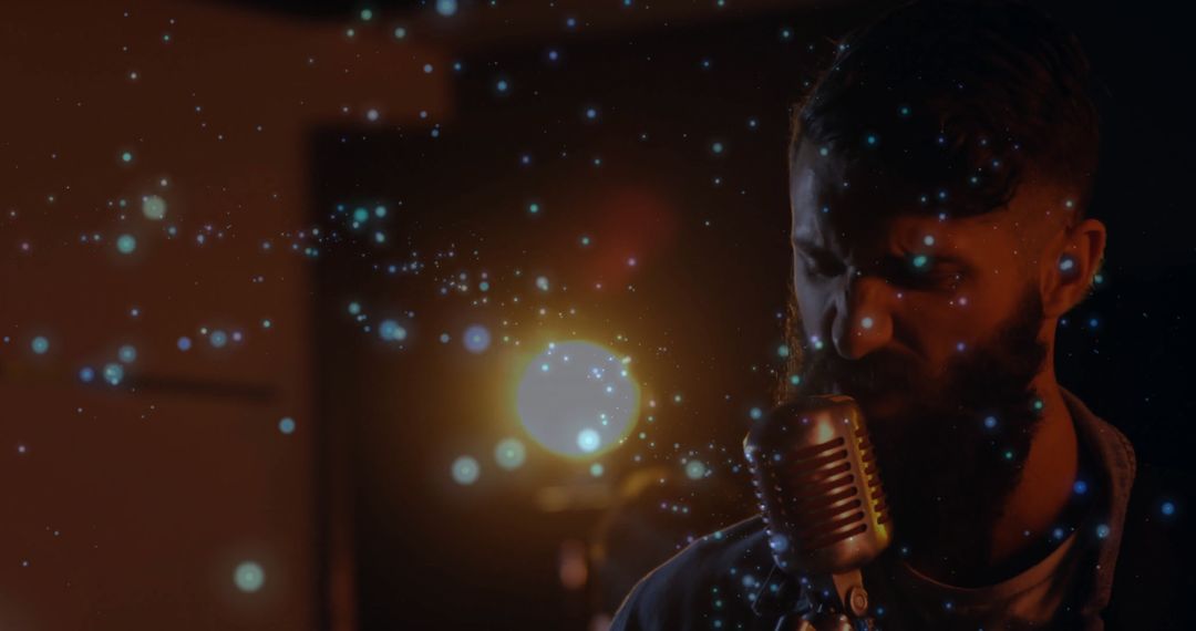 Moody Vocalist Performing into Retro Microphone with Sparkling Ambiance