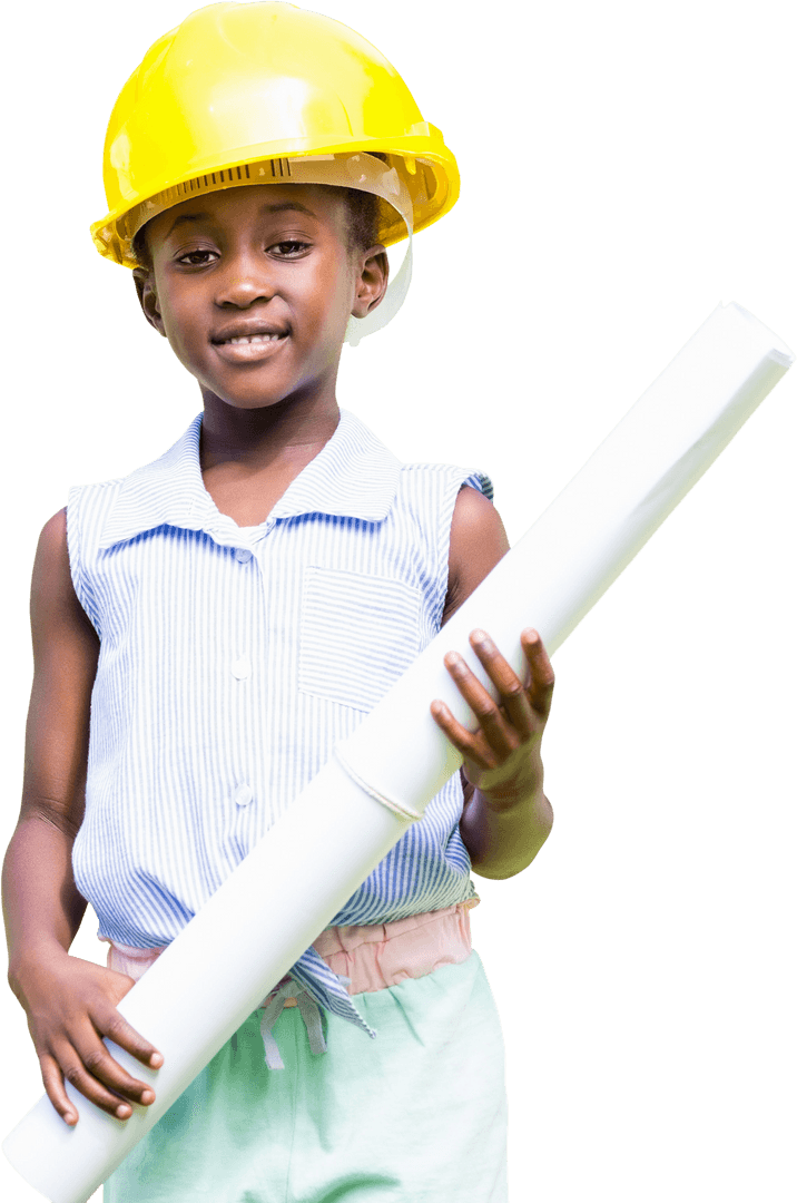 African American Child Holding Blueprint Wearing Hard Hat Transparent Background