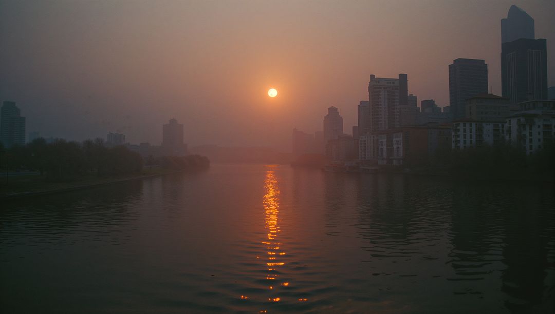 Cityscape Tranquility with Sunrise Reflection on Serene River
