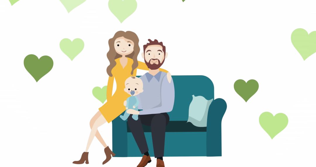 Happy Family Illustration with Heart Patterns on White