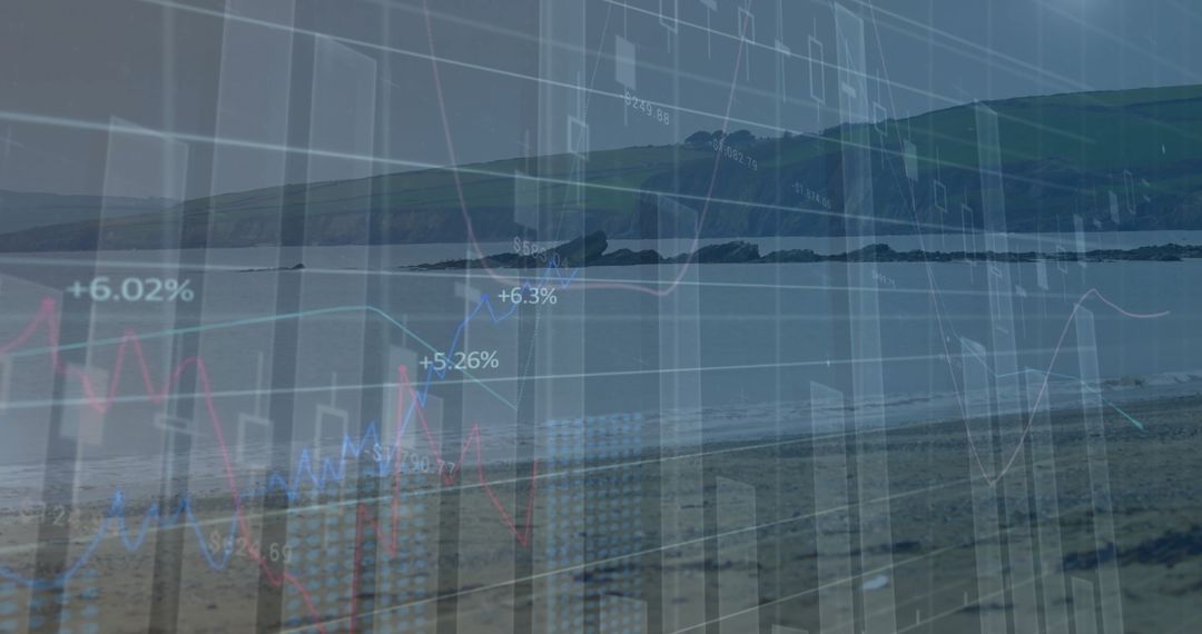 Financial Data Visualization Overlaying Tranquil Coastal Scene
