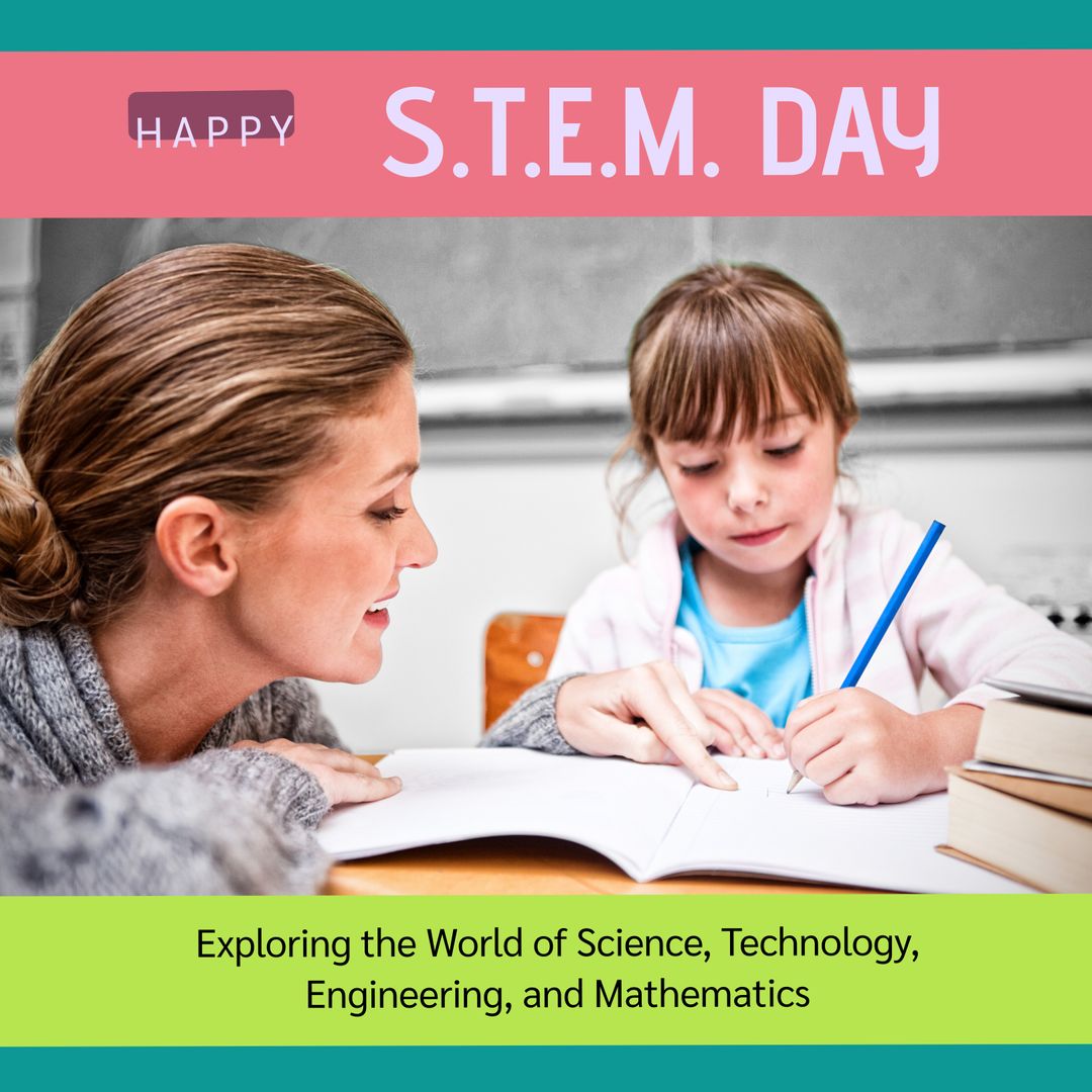 Mother Assisting Daughter with Homework on STEM Day Celebration