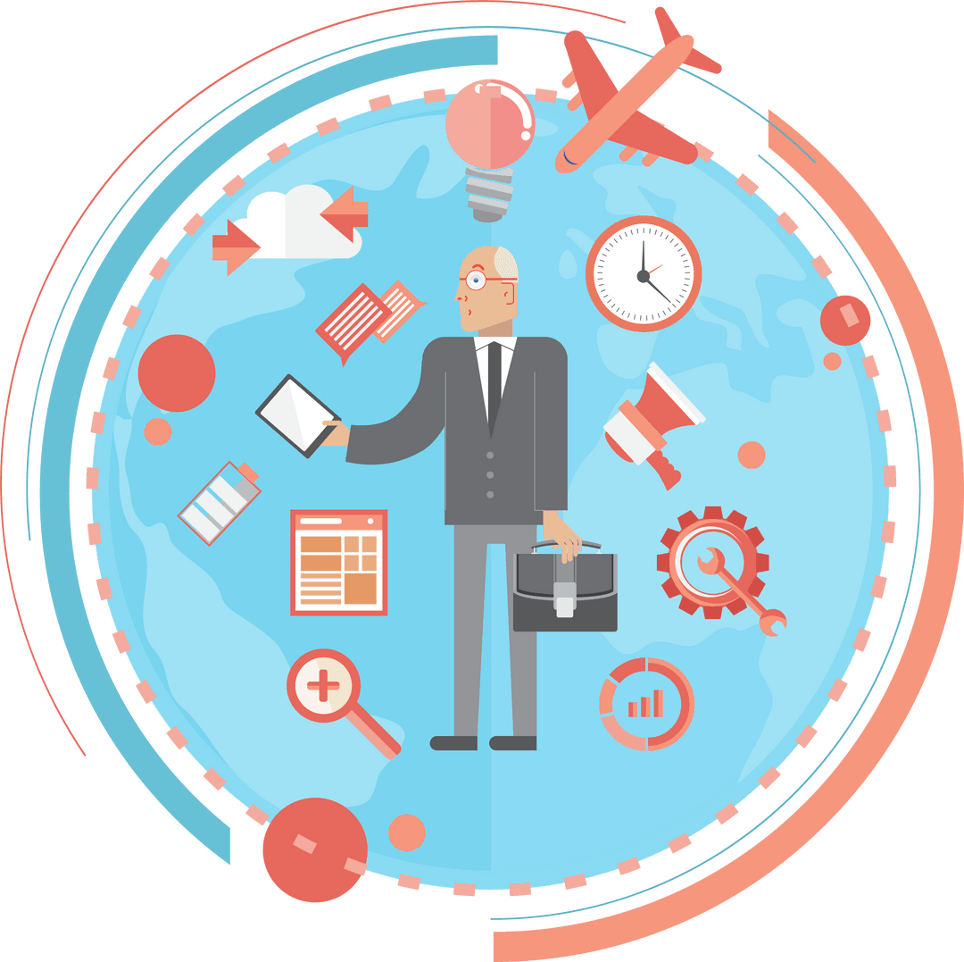 Businessman Surrounded by Work-Related Icons on Transparent Background