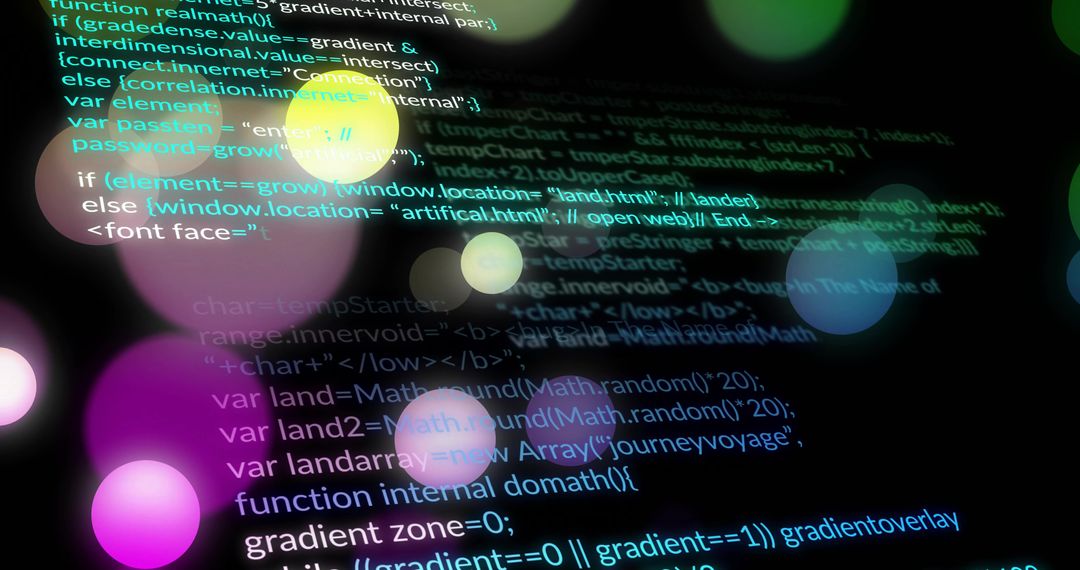 Floating JavaScript code over holographic bokeh lights with neon gradient overlay