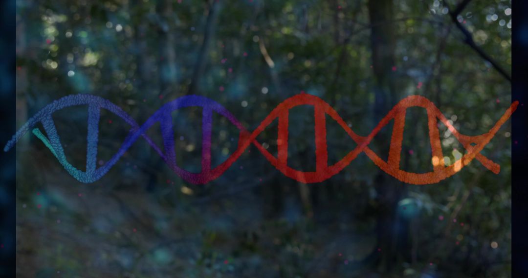 Holographic DNA Double Helix Ribbon Glowing Neon Across Forest Clearing with Bokeh