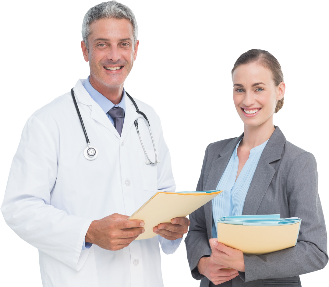 Transparent Male and Female Medical Professionals with Reports Smiling - Download Free Stock Images Pikwizard.com