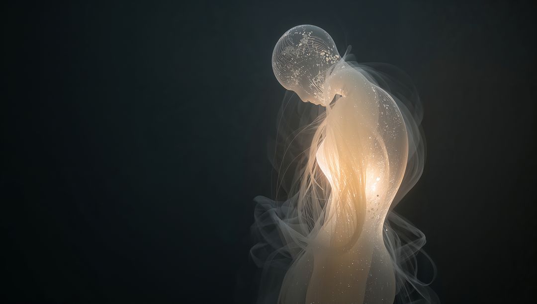 Luminous translucent figure bowing with glowing core and floating wisps on dark background