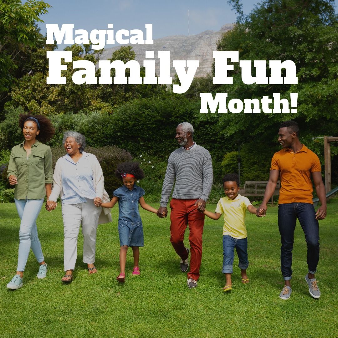 Composite of african american multigeneration family walking in park and magical family fun month - Download Free Stock Templates Pikwizard.com
