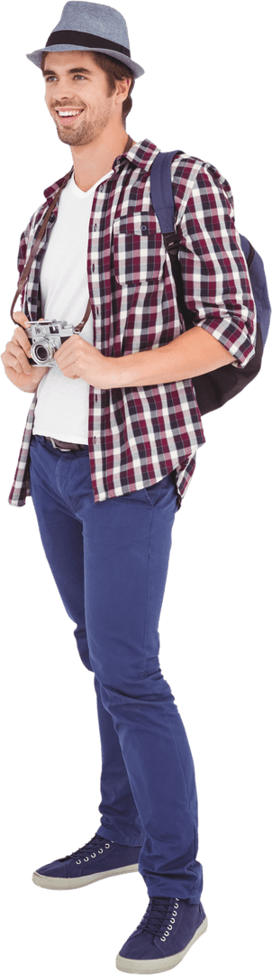 Happy Young Man Holding Camera with Casual Style on Transparent Background