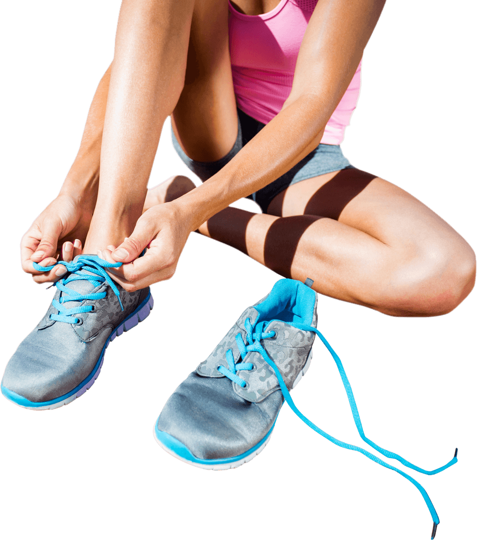 Transparent Athletic Woman Tying Running Shoes Ready for Exercise