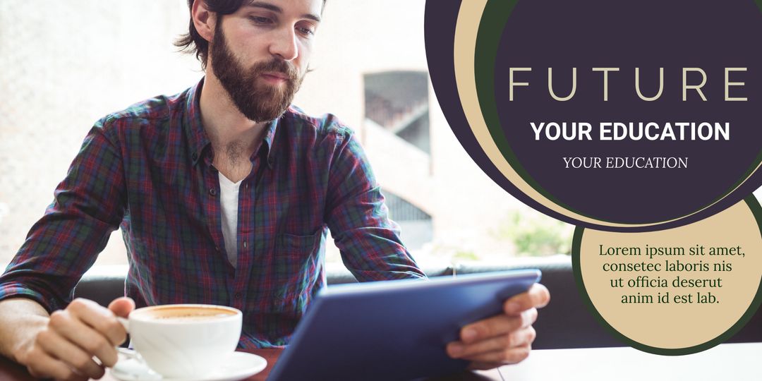 Man Exploring Online Education with Tablet and Coffee in Cafe