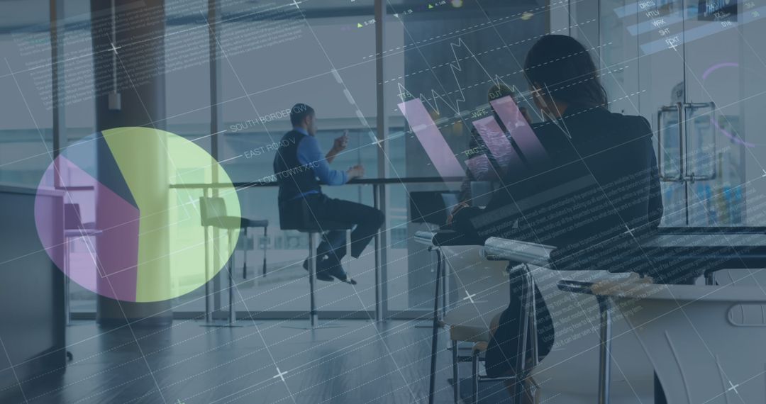 Digital Financial Data Overlapping Business Meeting in Modern Office