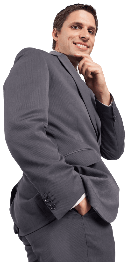 Confident Businessman Thinking, Touching Chin Transparent Background