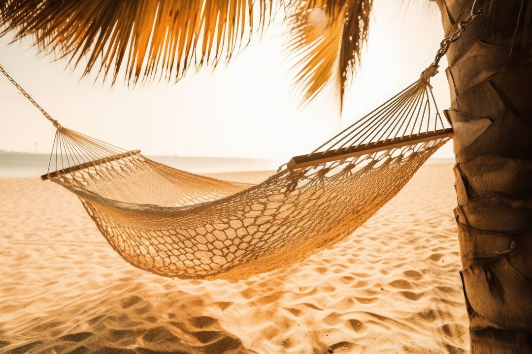 Wicker hammock on beach with palm tree, created using generative ai technology - Free Images, Stock Photos and Pictures on Pikwizard.com