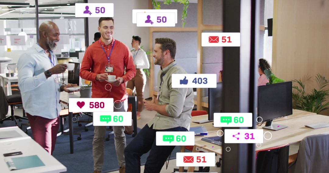 Diverse Office Creatives Engage During Break with Social Notifications