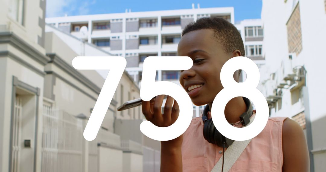 Young Woman Using Smartphone Voice Command with Changing Numbers