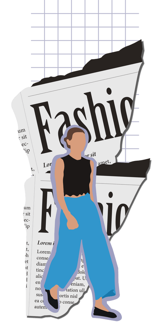 Model Striding Over Stylish Newspaper Collage on Transparent