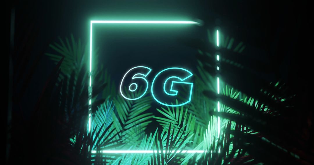 Futuristic 6G Text with Neon Glow and Leaves