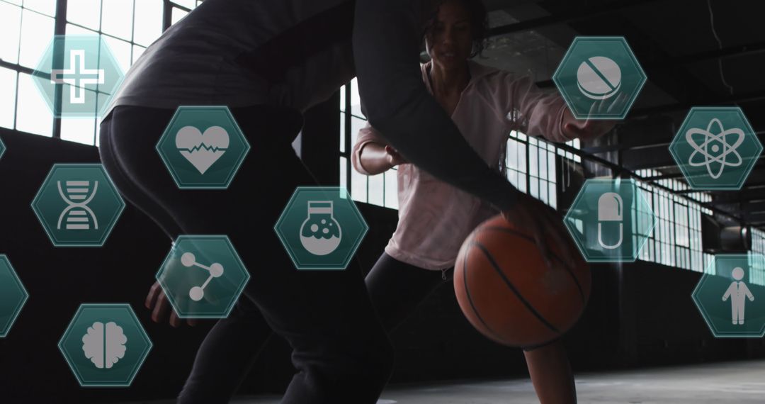 Basketball Game with Futuristic Medical Interface Graphics